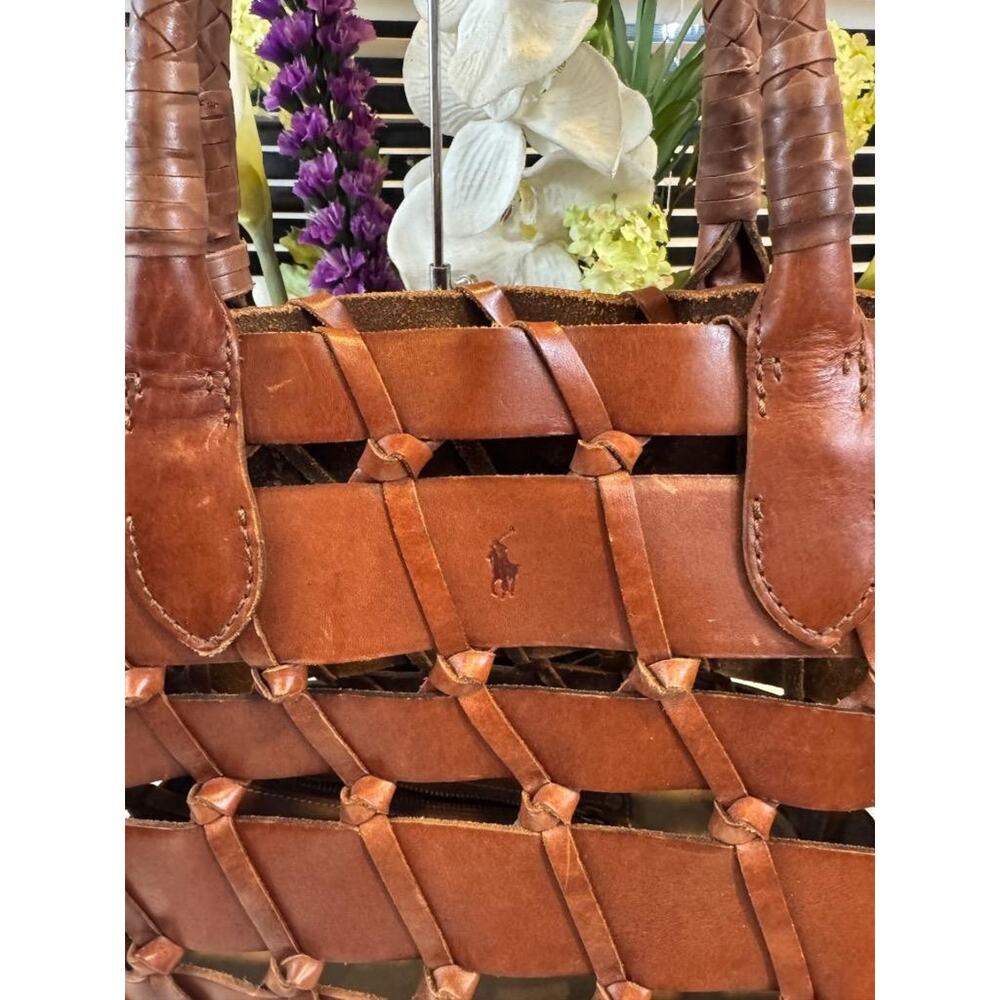VINTAGE Ralph Lauren BROWN Leather Bag Purse Basketweave Tote Bag Leather (210 - Picture 3 of 13